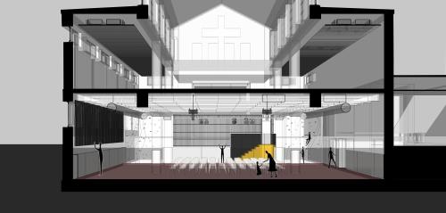 LANG BENEDEK ASSOCIATED ARCHITECTS S. R. O. | REKONŠTRUKCIA MULTIFUNKČNEJ SÁLY POD KOSTOLOM DONA BOSCA NA DORNKAPLI V TRNÁVKE